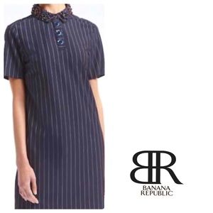 BR Navy Pinstripe Embellished Collar Dress